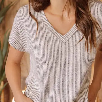 V Neck Extended Short Sleeve Sweater Knit Top