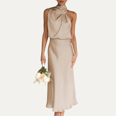 One-Shoulder Halter Formal Midi Dress