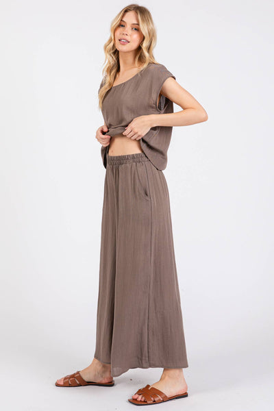 Woven Wide Leg Pull on Pants - Walnut Gray / S M L