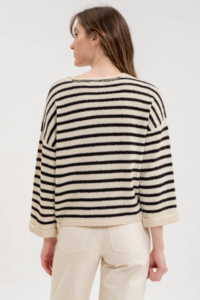 Stripe Split Neck Long Sleeve Knit Sweater