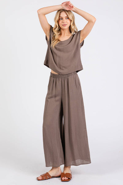 Woven Round Neck Boxy Top- Walnut Gray / S M L