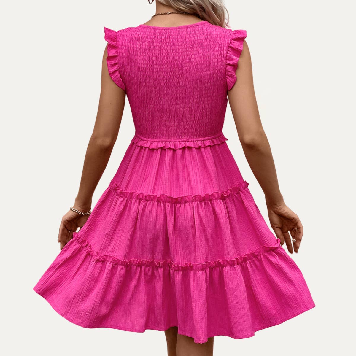 Hot Pink V-Neck Ruffled Tiered Mini Dress