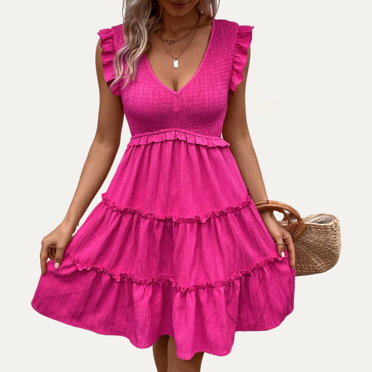 Hot Pink V-Neck Ruffled Tiered Mini Dress