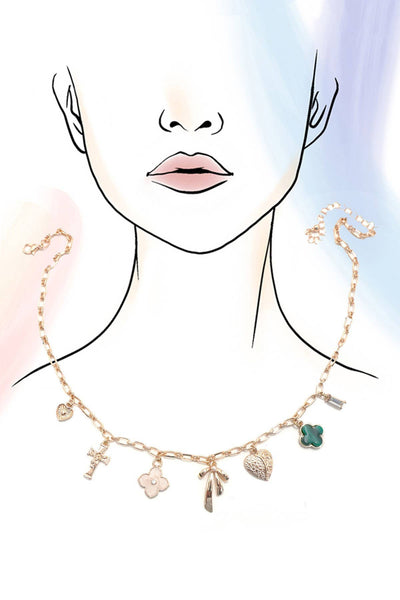 CHARM NECKLACE-GREEN CLOVER BOW CROSS HEART | 80N91991: GOLD