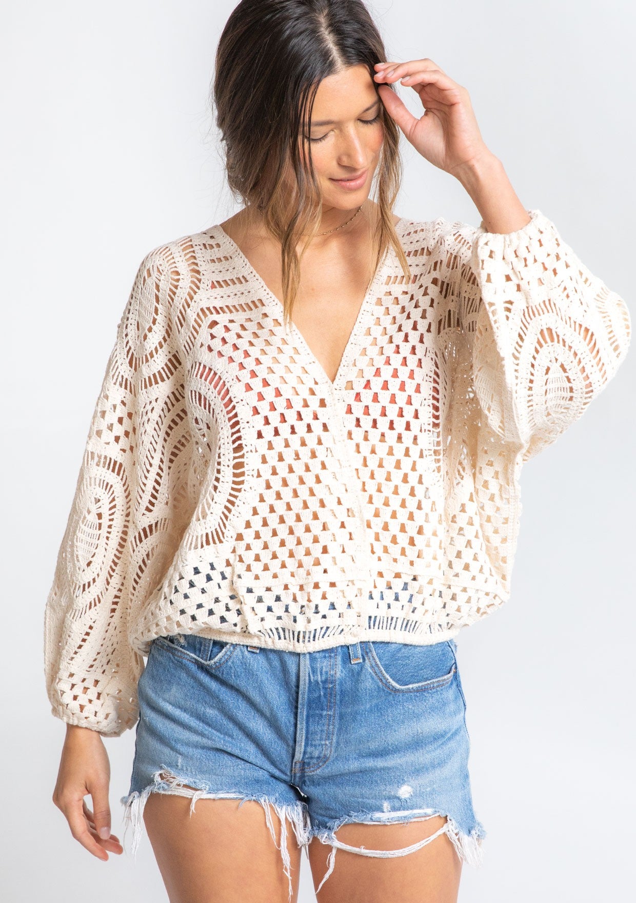 Long Sleeve Crochet Surplice Top