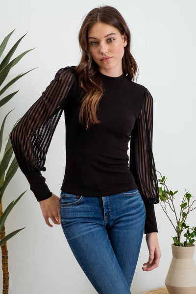 High Neck Sheer Stripe Long Sleeve Knit Top