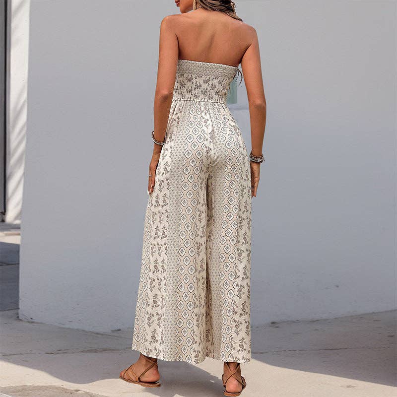 Strapless Smocked Romper Tube Top Flare Trousers Jumpsuit: Apricot