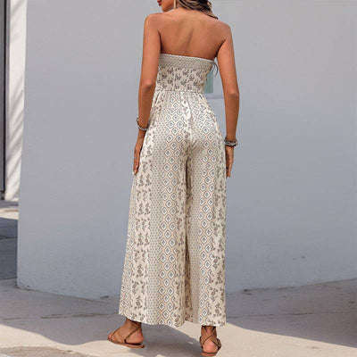 Strapless Smocked Romper Tube Top Flare Trousers Jumpsuit: Apricot