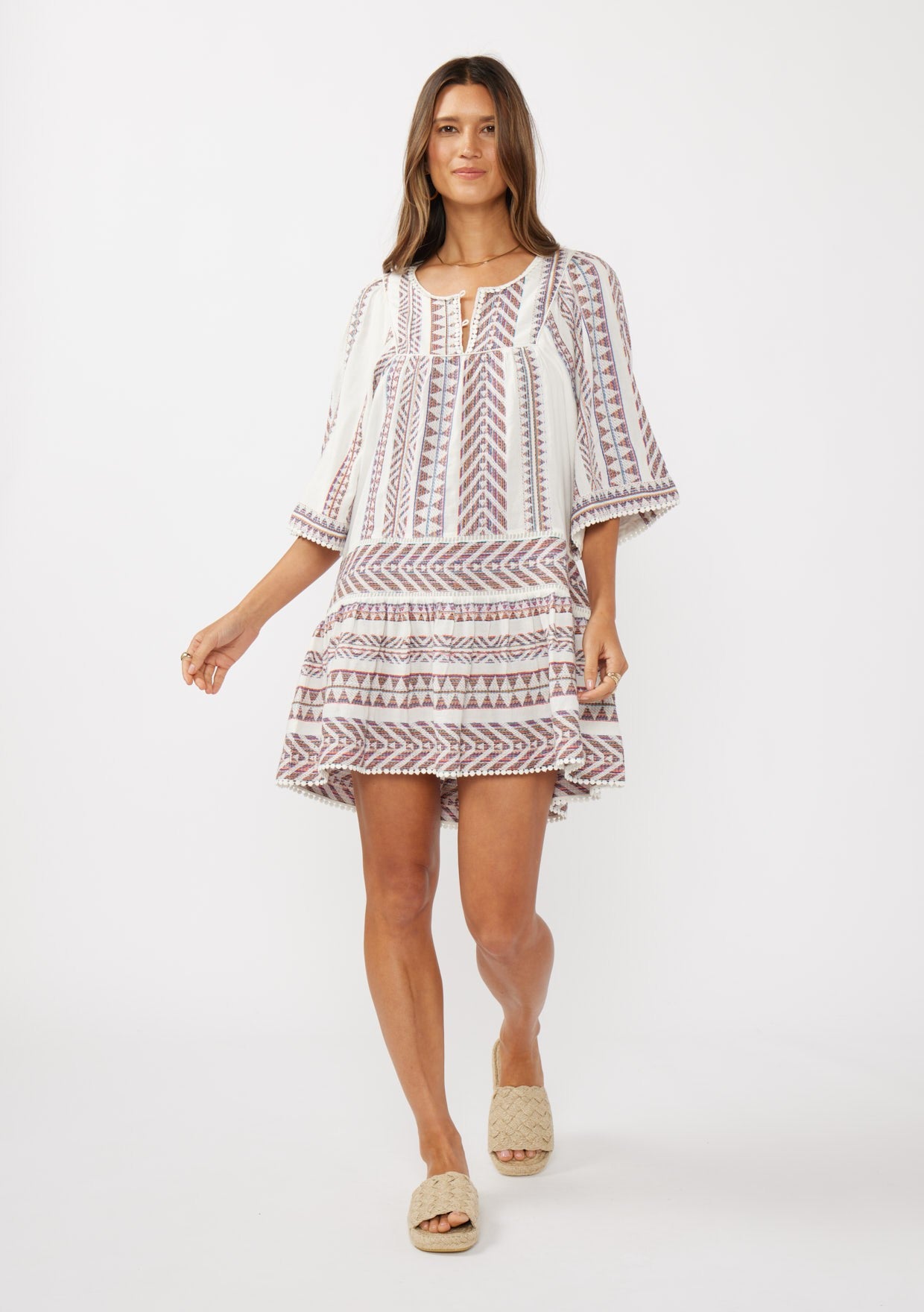 Stripe Jacquard Pom-Pom Lace Split-Neck Mini Dress 1403 Pom Stripe Jacquard Pom-Pom Lace Split-Neck Mini Dress 1403 Pom