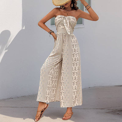 Strapless Smocked Romper Tube Top Flare Trousers Jumpsuit: Apricot