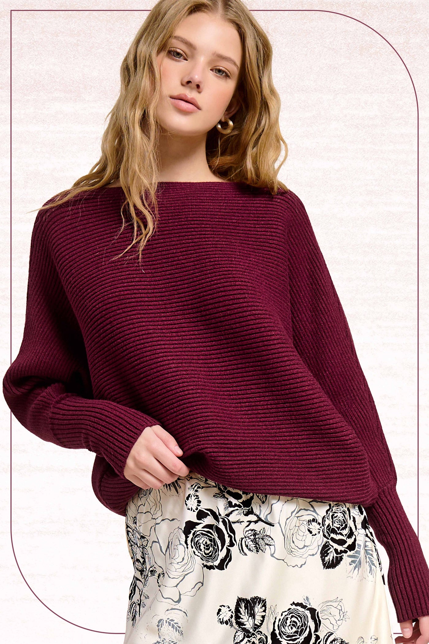 Slouchy Fit Bubble Sleeve Boat Neck Sweater: Brick
