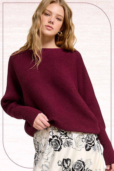 Slouchy Fit Bubble Sleeve Boat Neck Sweater: Brick