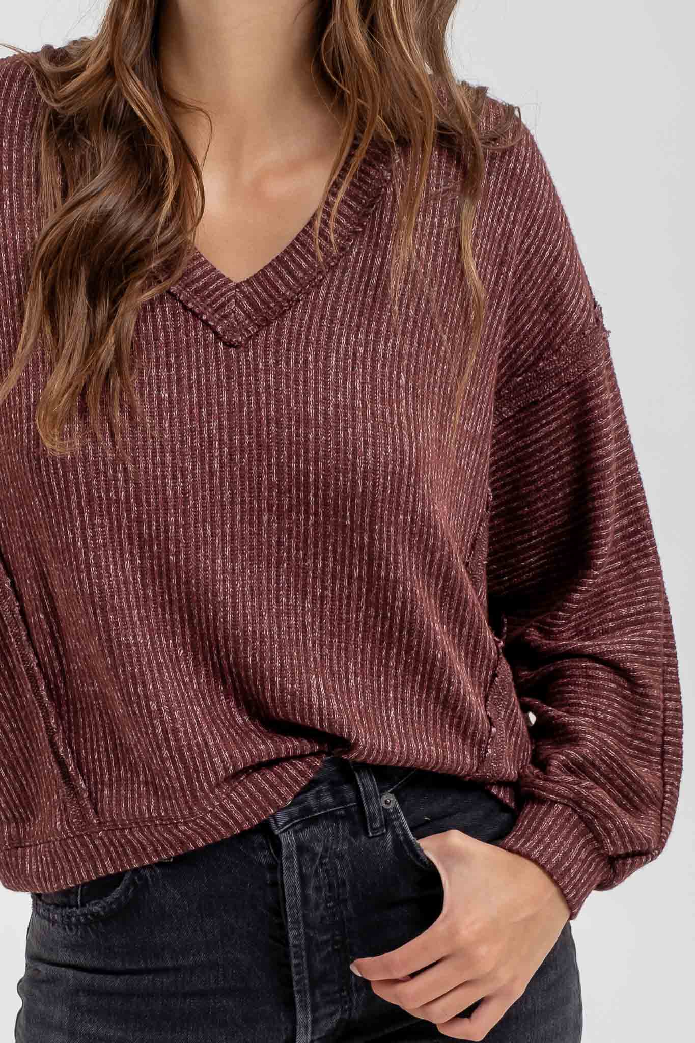 Striped Drop Shoulder V Neck Knit Top