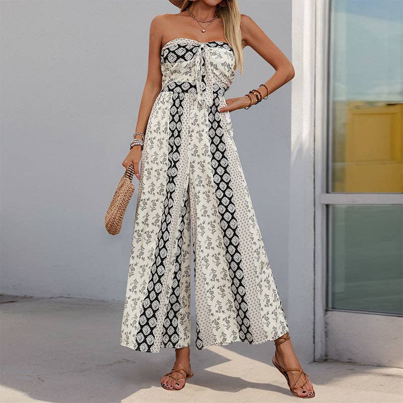 Strapless Smocked Romper Tube Top Flare Trousers Jumpsuit: Apricot