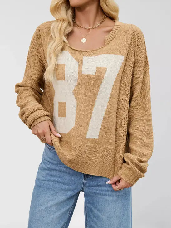 Casual Colorblock Knit Sweater with Number Print