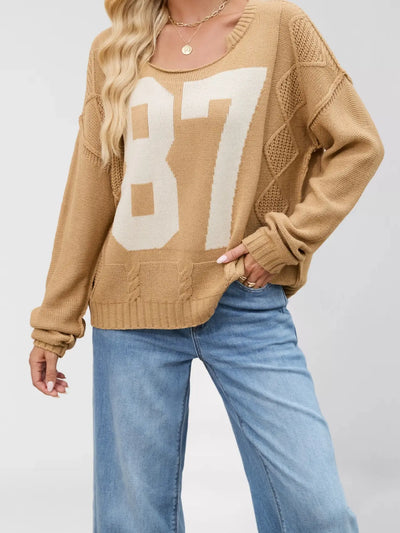 Casual Colorblock Knit Sweater with Number Print