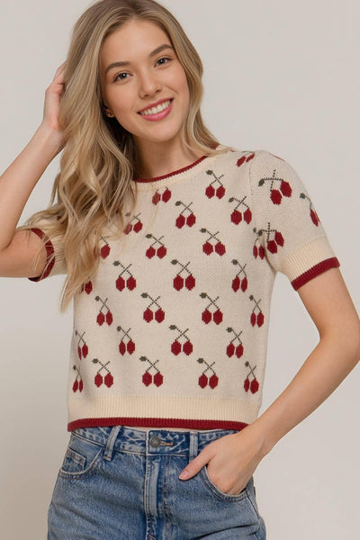 Cherry Pattern Sweater / Ivory and red