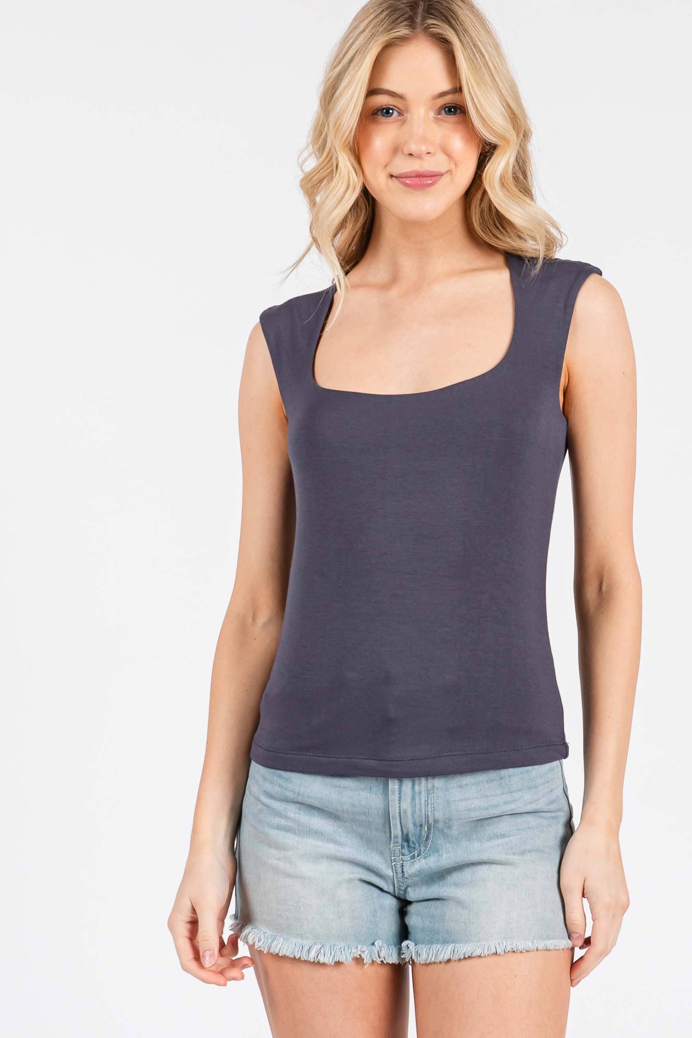 Square Neck Solid Sleeveless Top / S M L