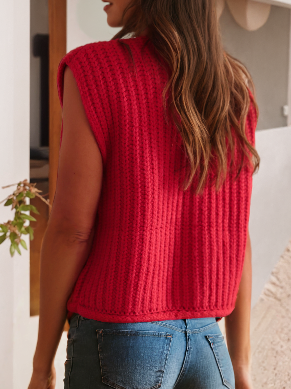 Textured Knit Side Pockets Buttoned Sweater Vest: Fiery Red