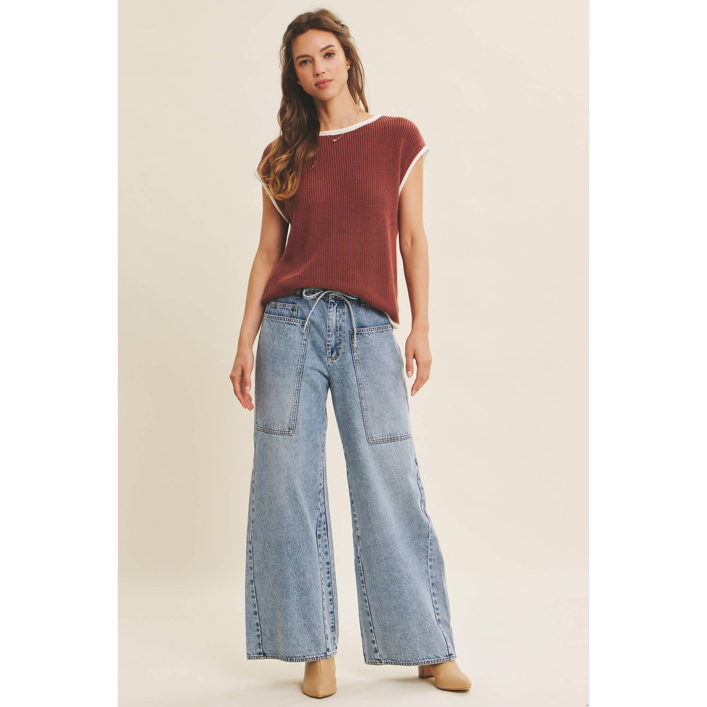 EASE AND GRACE DENIM WASHED OVERSIZED WIDE-LEG JEANS: WASHED DENIM / S,M,L