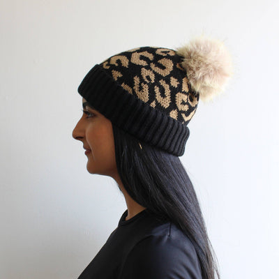Leopard Print Winter Hat w/ Pom Pom | Black