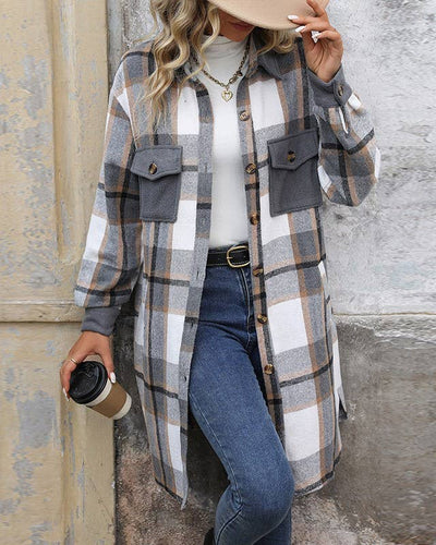 Brushed Plaid Long Coats With Pockets
