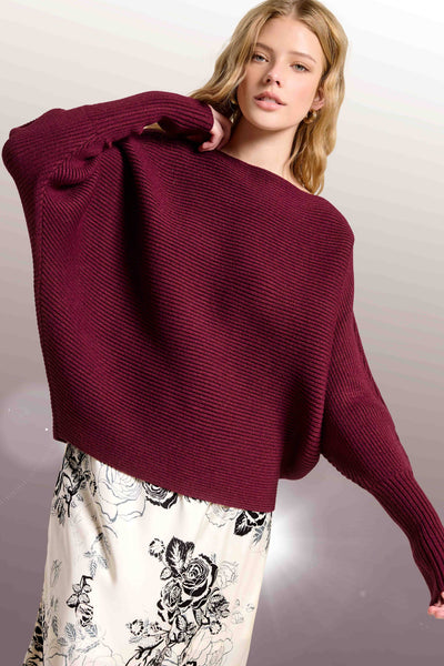 Slouchy Fit Bubble Sleeve Boat Neck Sweater: Brick
