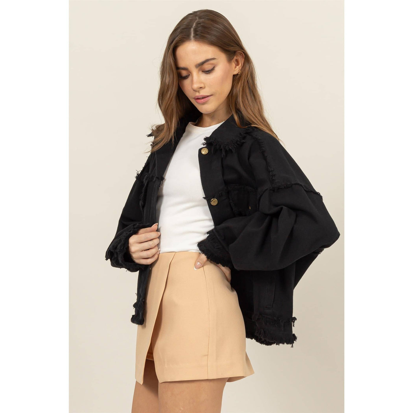 Oversized Frayed Denim Jacket: BLACK / S-M-L