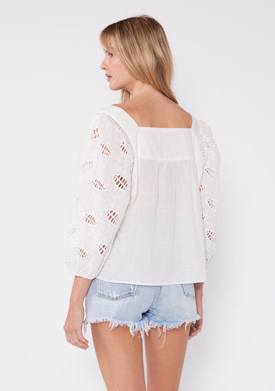 Embroidered Cutout 3/4 Sleeve Tie Neck Blouse