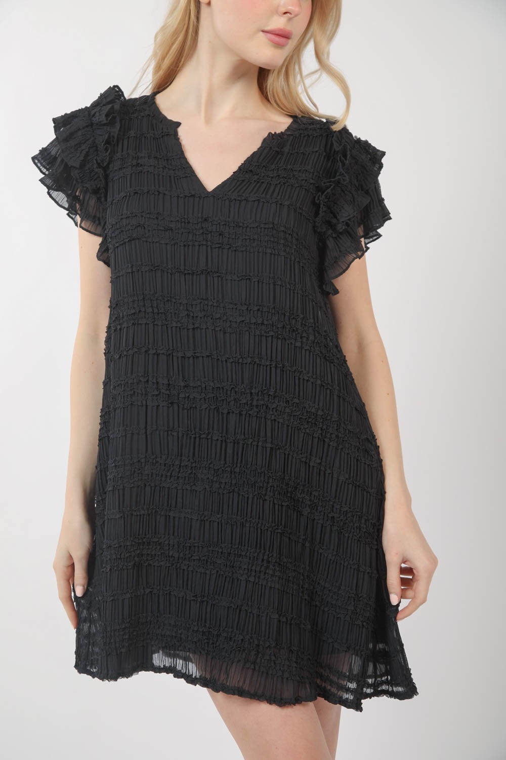 Ruffled Textured Woven Mini Dress