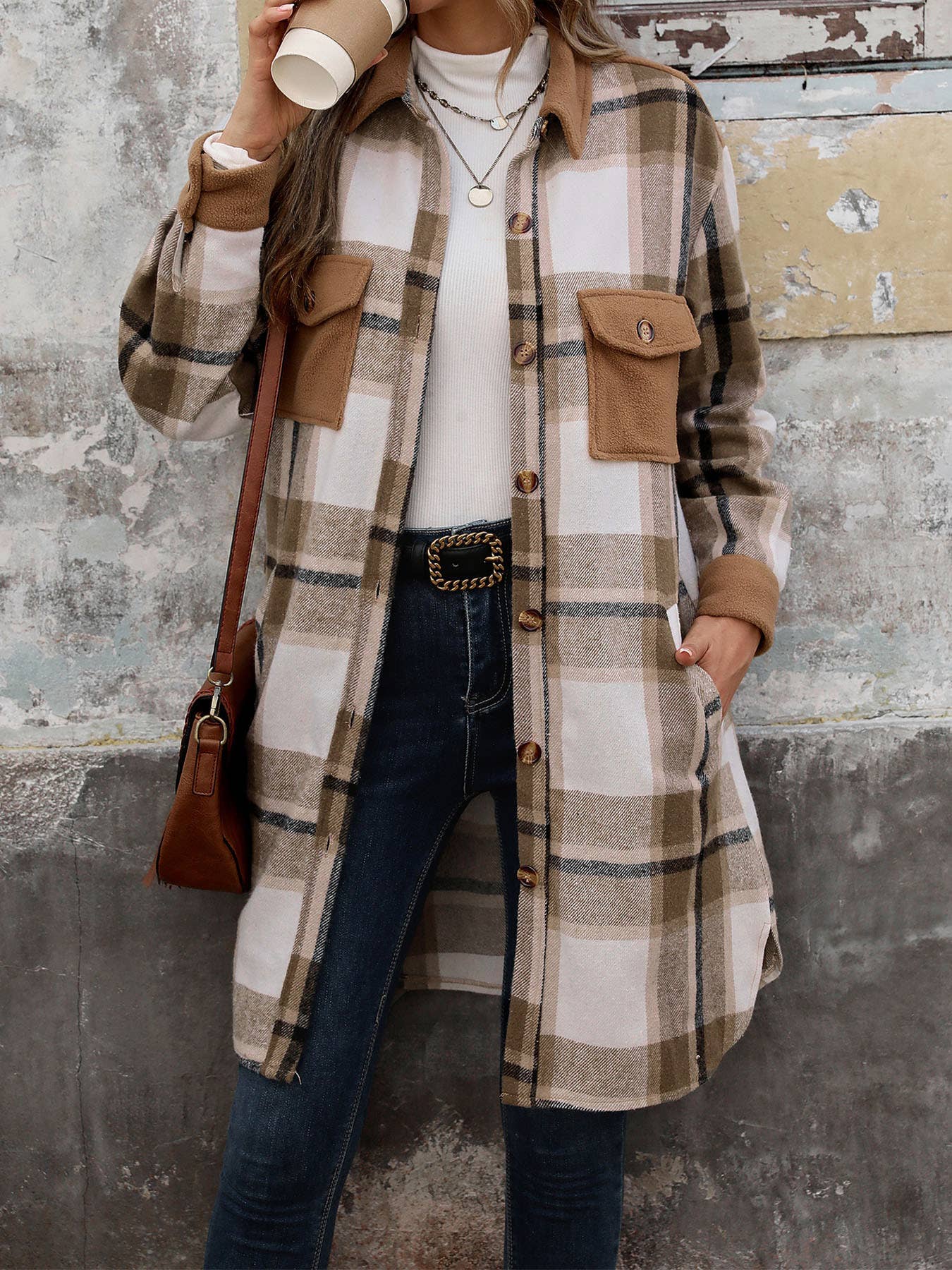 Brushed Plaid Long Coats With Pockets