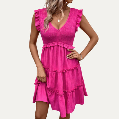 Hot Pink V-Neck Ruffled Tiered Mini Dress