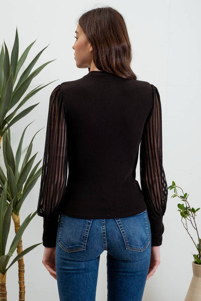 High Neck Sheer Stripe Long Sleeve Knit Top