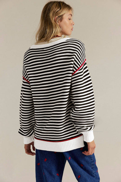 Striped Crewneck Knit Sweater | Loose Fit Pullover Top
