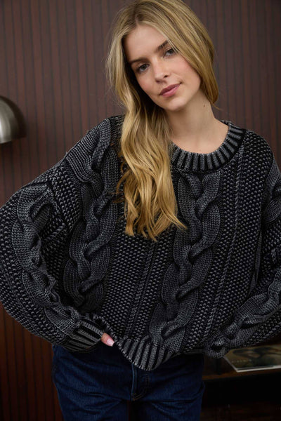 WASHED CABLE KNIT PULLOVER SWEATER: CHARCOAL S,M,L
