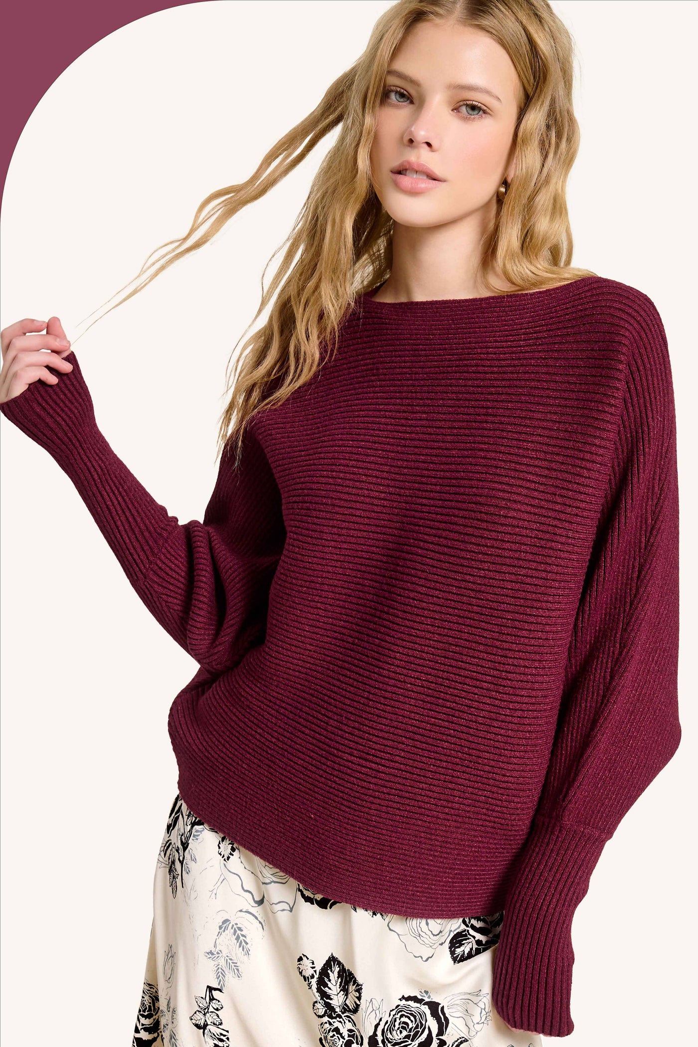 Slouchy Fit Bubble Sleeve Boat Neck Sweater: Brick