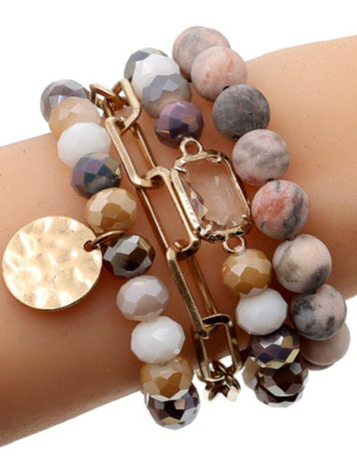 Multi Stone Crystal Beaded Bracelet Set: Black