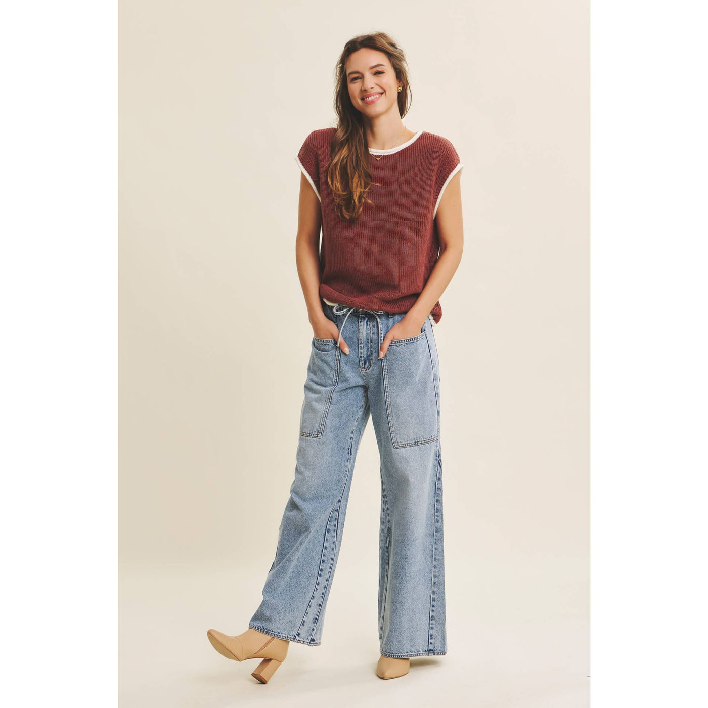 EASE AND GRACE DENIM WASHED OVERSIZED WIDE-LEG JEANS: WASHED DENIM / S,M,L
