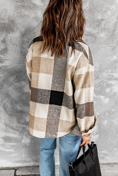 Khaki Plaid Color Block Buttoned Long Sleeve Jacket with Pockets