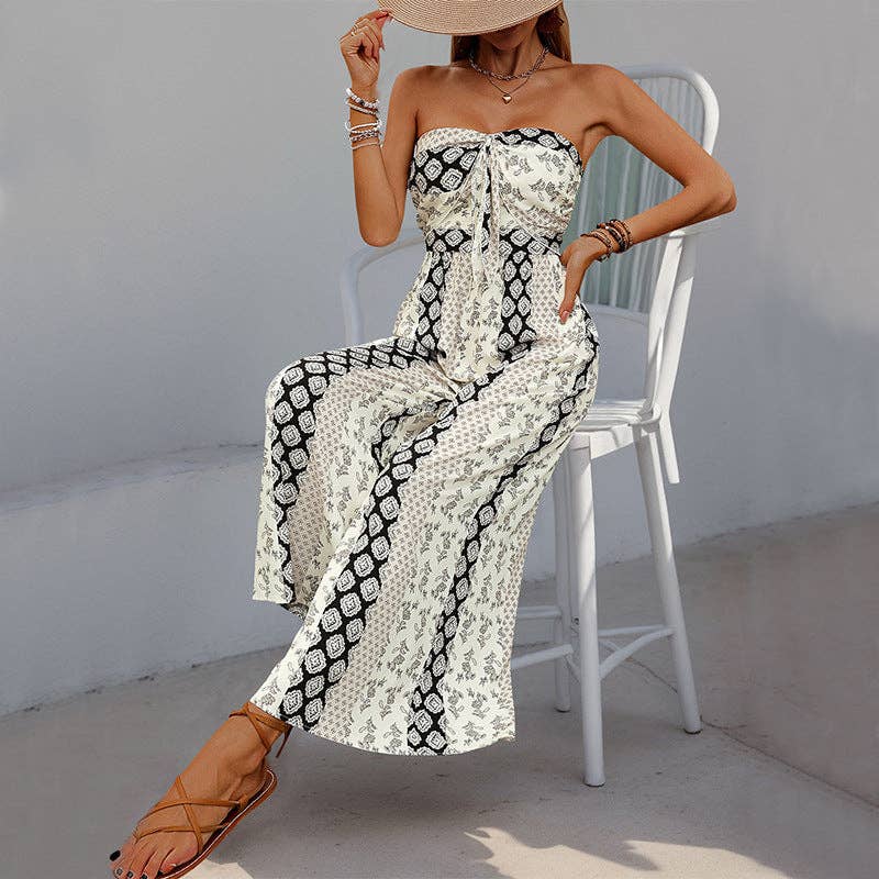 Strapless Smocked Romper Tube Top Flare Trousers Jumpsuit: Apricot