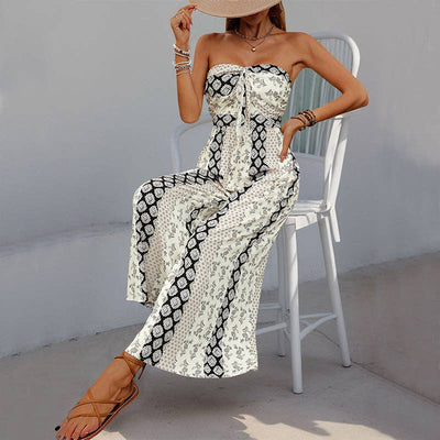 Strapless Smocked Romper Tube Top Flare Trousers Jumpsuit: Apricot
