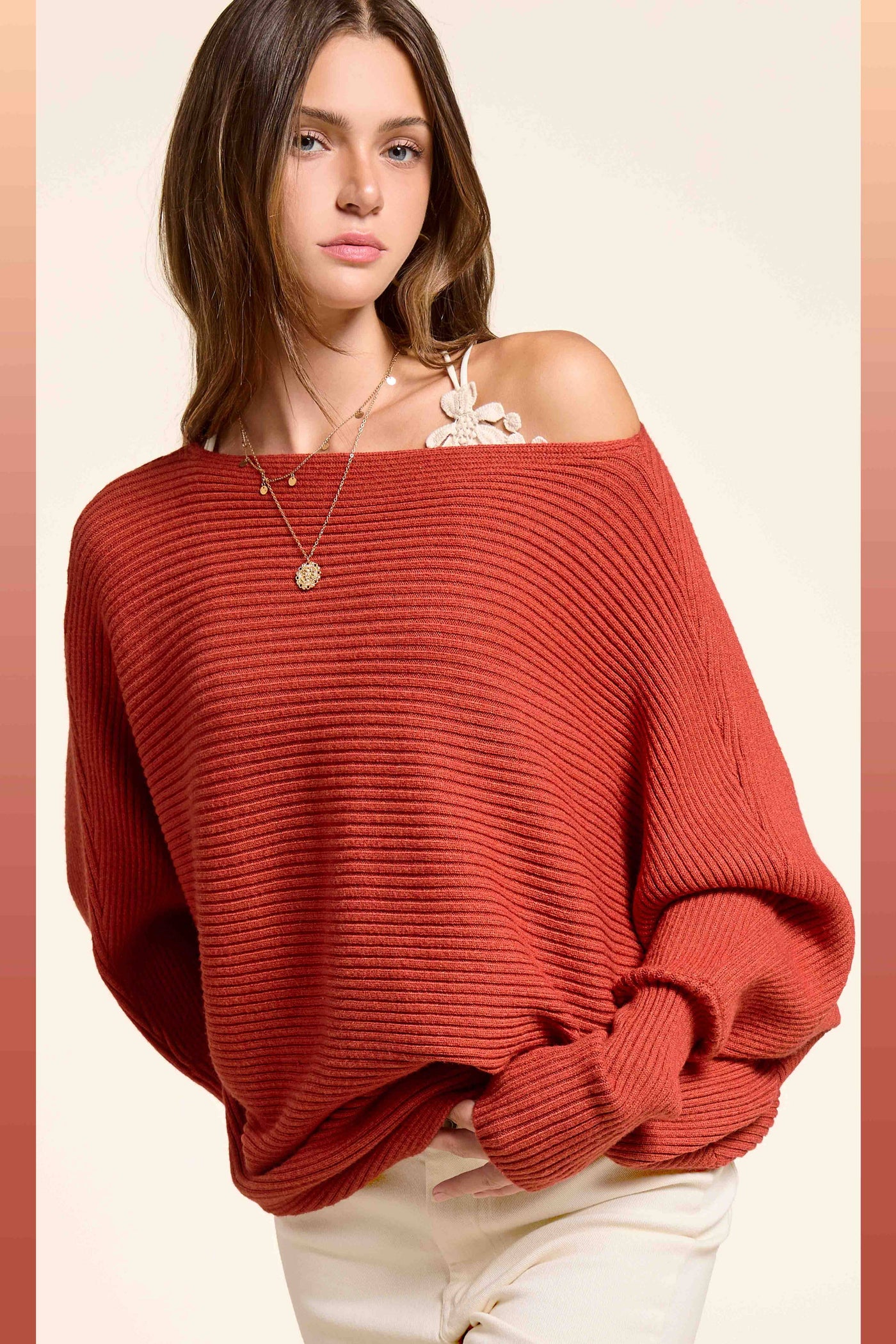 Slouchy Fit Bubble Sleeve Boat Neck Sweater: Brick
