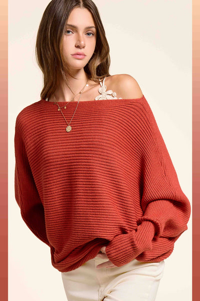 Slouchy Fit Bubble Sleeve Boat Neck Sweater: Brick
