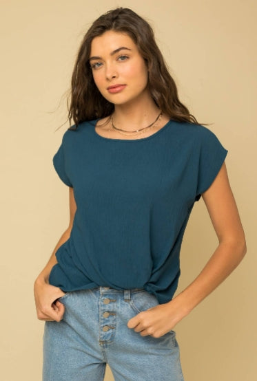 SOLID WOVEN TEE WITH FRONT KNOT DETAIL