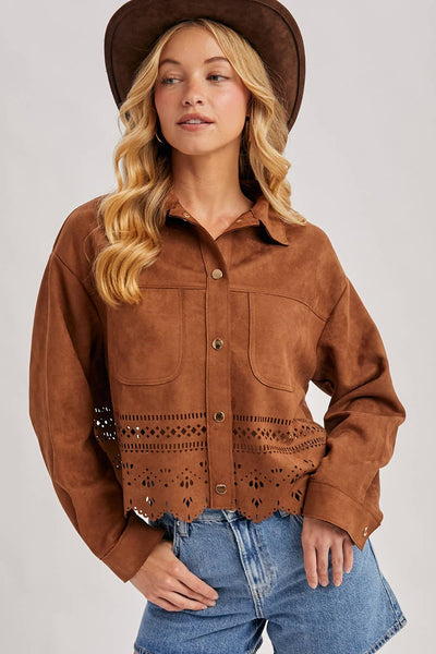 BUTTON DOWN DIE-CUT FAUX SUEDE CROPPED JACKET