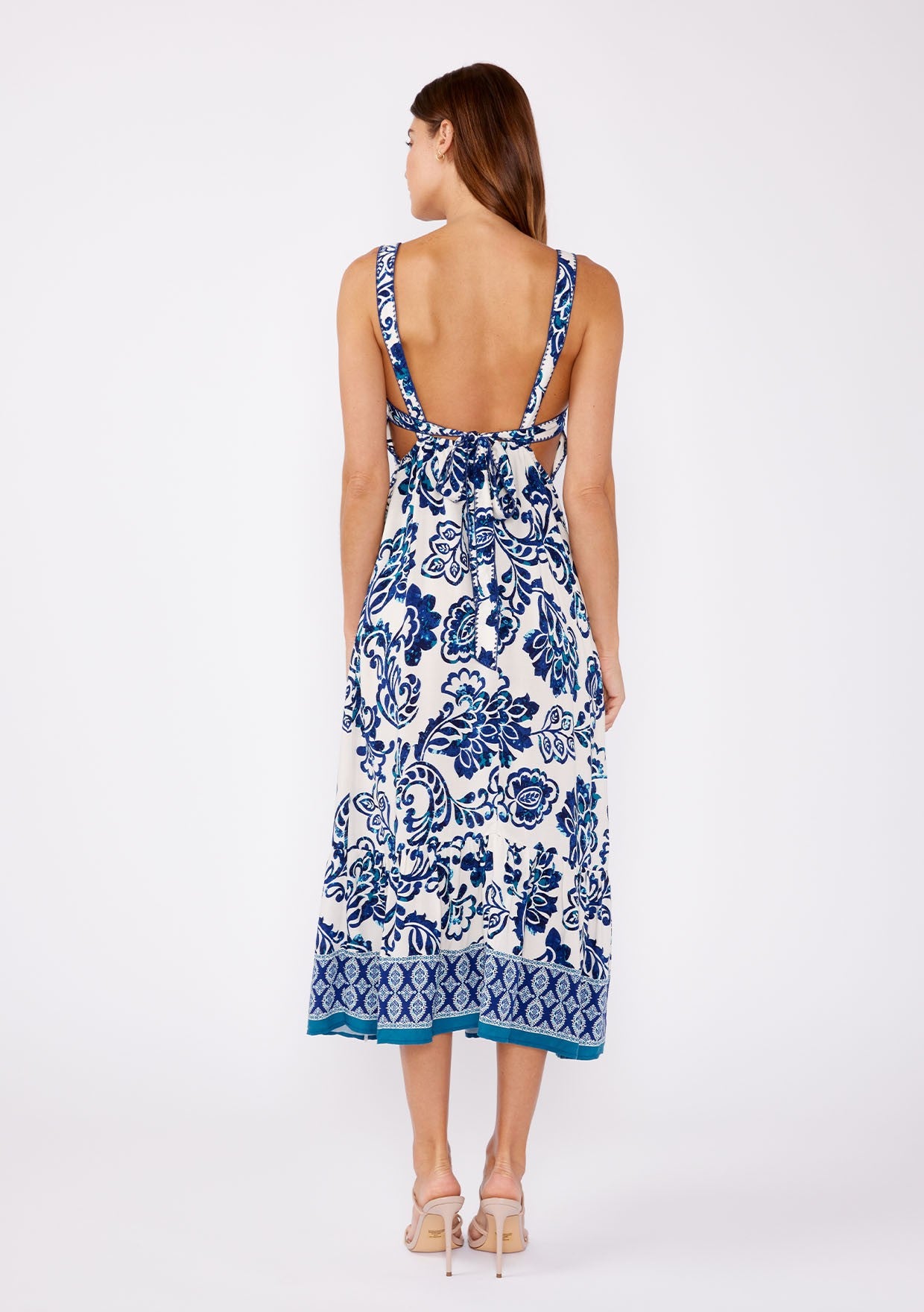 Blue Printed Tie Back Sleeveless Midi Dress