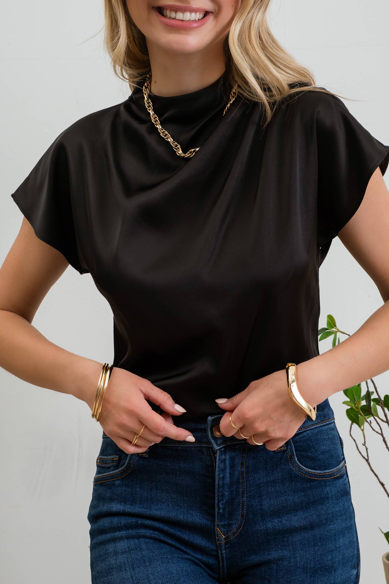 Satin Ruched Mock Neck Short Sleeve Blouse