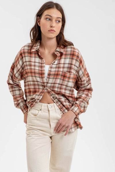 Collared Long Sleeve Button Down Plaid Shirt