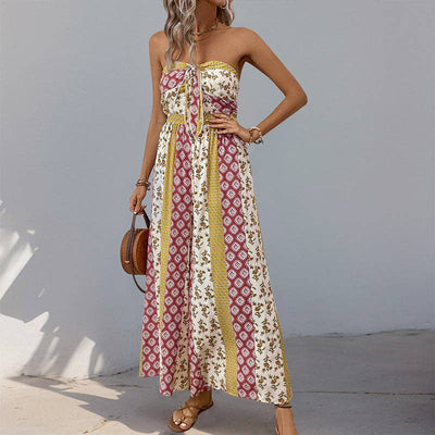 Strapless Smocked Romper Tube Top Flare Trousers Jumpsuit: Apricot