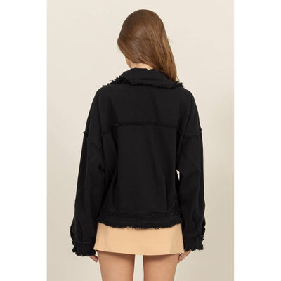 Oversized Frayed Denim Jacket: BLACK / S-M-L